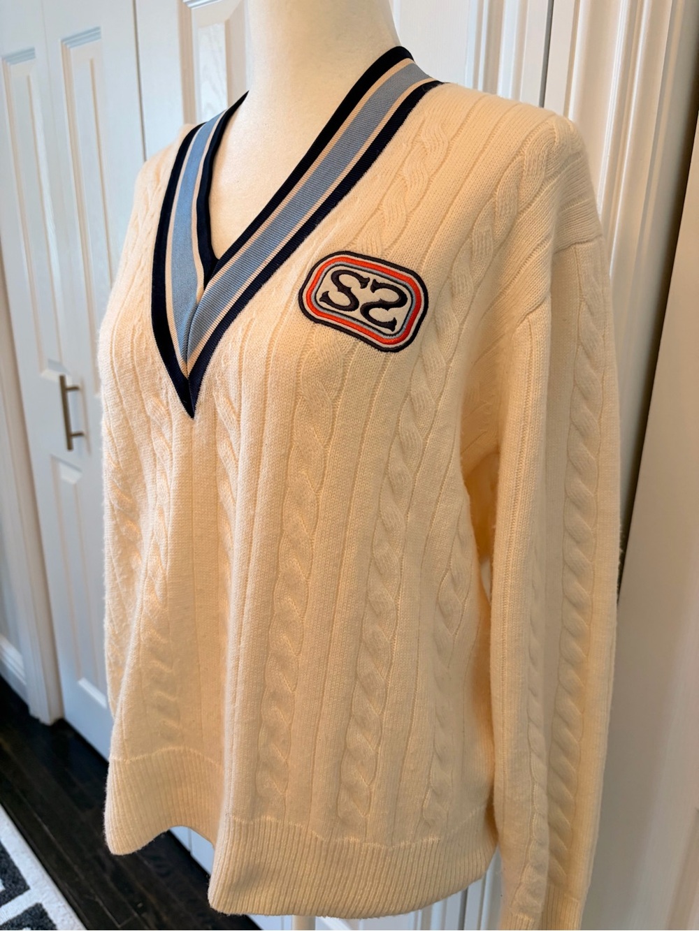 SANDRO Cable Knit V-Neck Sweater with Logo Patch - Cream